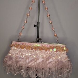 Beaded Pink Fringe Evening Clutch with Decorative Handle
